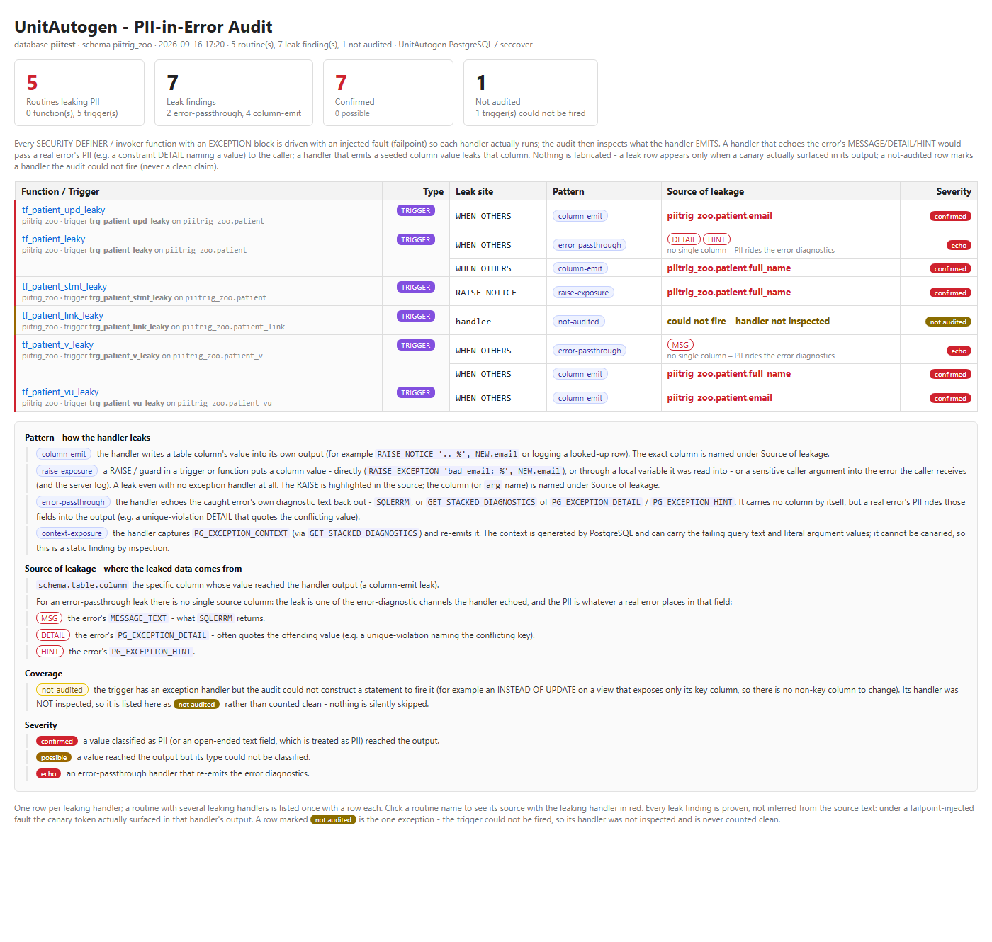 PII audit report listing personal data found in error and RAISE output
